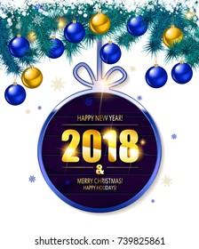 2018 year golden figures on a spruce branch. Vector illustration