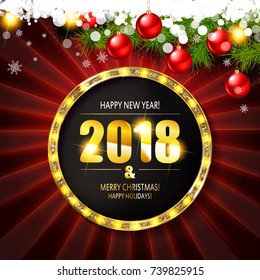 2018 year golden figures on a spruce branch. Vector illustration