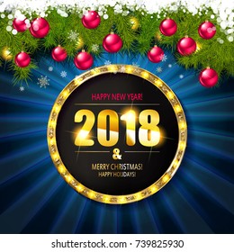2018 year golden figures on a spruce branch. Vector illustration