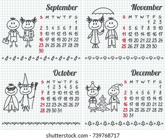 2018 year hand-drawn calendar (week starts on Sunday). September. October. November. December.
