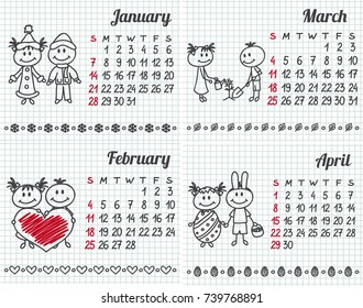 2018 year hand-drawn calendar (week starts on Sunday). January. February. March. April.