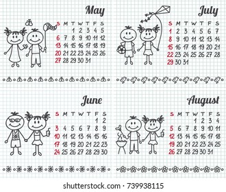 2018 year hand-drawn calendar (week starts on Sunday). May. June. July. August.