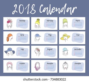 2018 year is a horizontal calendar. A beautiful girl in a headdress for each month on a separate page. Vector sketch in hand drawing style