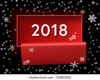 2018 year in long red open box over black background with snow flake