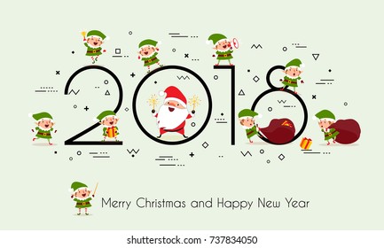 2018 year. Merry Christmas and Happy New Year. Creative headline with Santa Claus, Christmas elves and gifts. Memphis style. Minimalism. Isolated on a monophonic background. Vector illustration