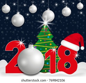 2018 year numbers with Christmas Tree and silver ball and Santa hat on a dark blue background with snow falling. New year and Christmas elements for design. Vector illustration. 