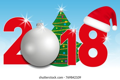 2018 year numbers with Christmas Tree and silver ball and Santa hat on a blue background. New year and Christmas elements for design. Vector illustration. 