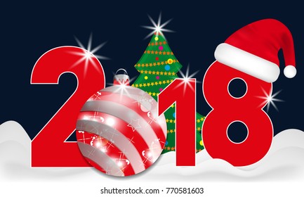 2018 year numbers with Christmas Tree and red ball and Santa hat on a dark blue background. New year and Christmas elements for design. Vector illustration. 
