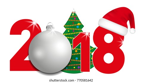 2018 year numbers with Christmas Tree and silver ball and Santa hat on a white background. New year and Christmas elements for design. Vector illustration. 