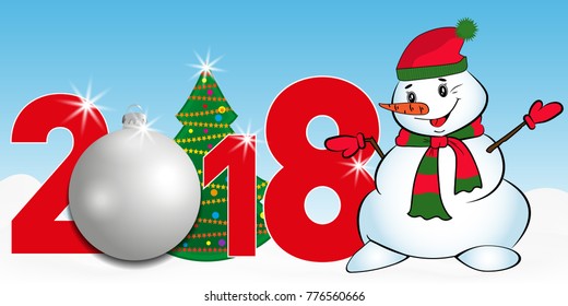 2018 year numbers with Christmas Tree and silver ball and snowman on a blue background. New year and Christmas elements for design. Vector illustration. 