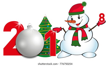 2018 year numbers with Christmas Tree and silver ball and Snowman on a white background. New year and Christmas elements for design. Vector illustration. 