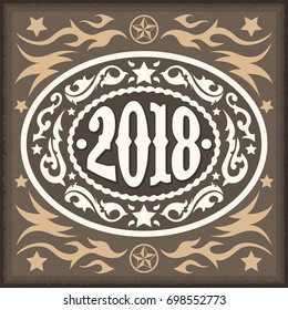 2018 year oval western cowboy belt buckle, vector illustration