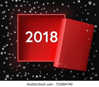 2018 year in red open box over black background with snow flake