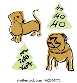 2018 year sign - dog. Several variations, beige and black color, hand drawn.