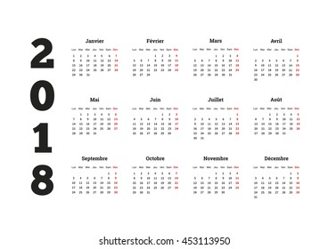 2018 year simple calendar on french language, isolated on white