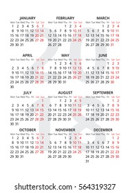 2018 year simple style text calendar. Week starts from monday. Vector template