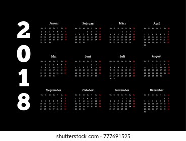 2018 year simple white calendar on german language on black background