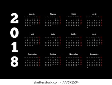 2018 year simple white calendar on french language on black background