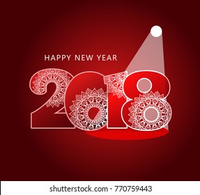 2018 year standing in spotlight or searchlight. Vector illustration text Happy new year on dark red background.