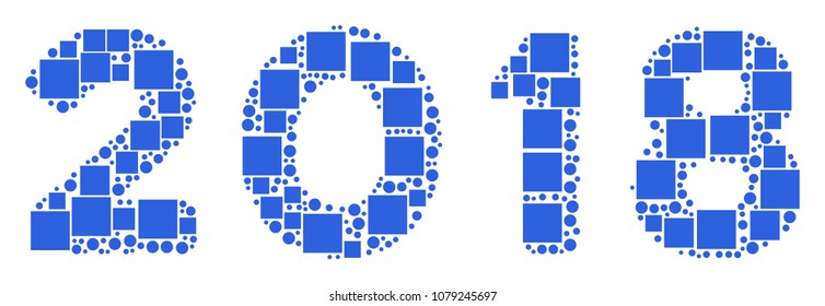 2018 Year Text collage icon of squares and circle particles in various sizes. Vector items are scattered into 2018 year text mosaic design concept.