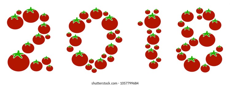 2018 Year Text collage of tomato in different sizes. Vector tomato objects are combined into 2018 year text mosaic. Natural vector illustration.