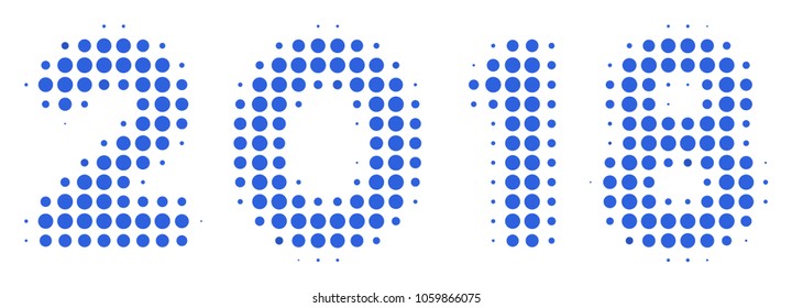 2018 Year Text halftone vector pictogram. Illustration style is dotted iconic 2018 Year Text icon symbol on a white background. Halftone texture is circle spots.