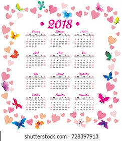 2018 year vector calendar hearts flowers fly