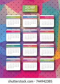 2018 year vector vertical calendar, week starts with Sunday. Set of 12 Months. Planner for 2018 Year. Vivid  grunge geometric background with triangles and dots