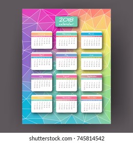 2018 year vector vertical calendar, week starts with Sunday. Set of 12 Months. Planner for 2018 Year. Vivid geometric background with triangles