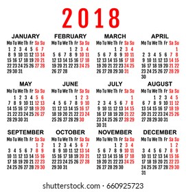 2018 year wall calendar grid template. Vector illustration