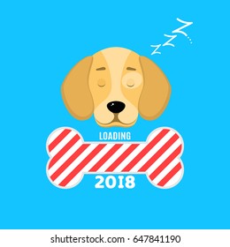 2018 year. The window is loaded in the form of a bone. A sweet dog is sleeping. Cover for your projects. Year of a dog. Vector illustration in a flat style