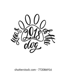 2018- year of the yellow Dog. Abstract dog's paw. Chinese new year. Typography lettering design.