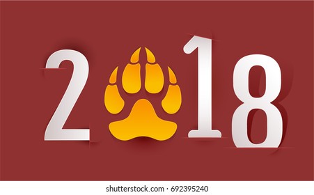2018 year of yellow dog in Chinese calendar. Dog footprint with claws. Vector illustration for greeting card