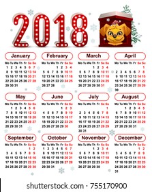 2018 year of yellow dog in Chinese calendar. Vector template calendar grid illustration