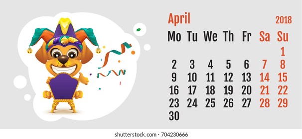 2018 Year Of Yellow Dog On Chinese Calendar. Fun Dog Fools Day. Calendar Grid Month April. Vector Cartoon Illustration