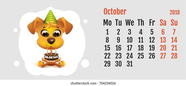 2018 year of yellow dog on Chinese calendar. Fun dog holding cake. Calendar grid month October. Vector cartoon illustration