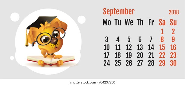 2018 year of yellow dog on Chinese calendar. Fun dog reading book. Calendar grid month September. Vector cartoon illustration