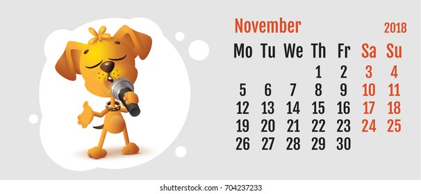 2018 year of yellow dog on Chinese calendar. Fun dog sings. Calendar grid month November. Vector cartoon illustration