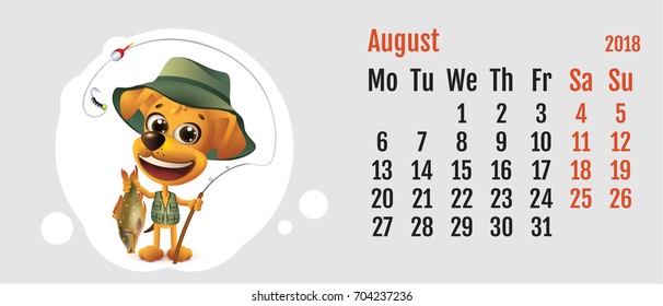 2018 year of yellow dog on Chinese calendar. Fun dog fisherman. Calendar grid month August. Vector cartoon illustration