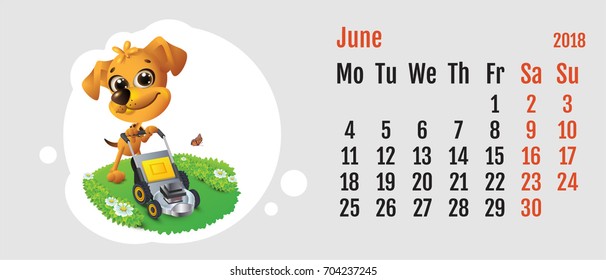 2018 year of yellow dog on Chinese calendar. Fun dog lawn mower. Calendar grid month June. Vector cartoon illustration