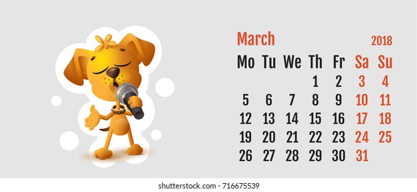 2018 year of yellow dog on Chinese calendar. Calendar grid month March. Yellow dog singing solo microphone. Vector cartoon illustration