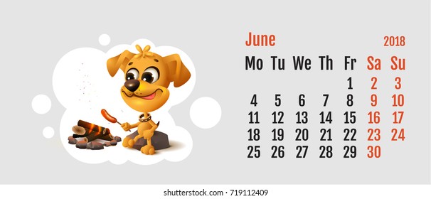 2018 year of yellow dog on Chinese calendar. Yellow fun dog fries sausage at fire stake. Calendar grid month June. Vector cartoon illustration