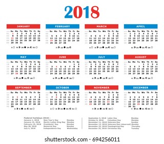 2018 yearly vector calendar. American colors. Federal holidays, moon and numbers of weeks.