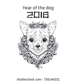 2018 Zodiac Dog. New year design. Christmas background. Dog s face with flowers. Chihuahua breed. Vector illustration