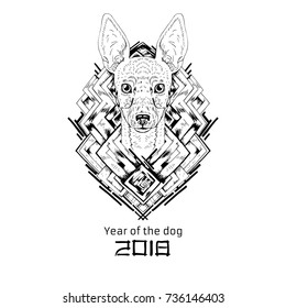 2018 Zodiac Dog. New year design. Christmas background. Dog s face with abstact elements. Toy fox terrier breed. Vector illustration