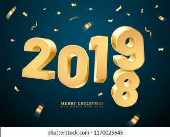 2018-2019 change represents the new year and merry christmas. Happy holiday and x-mas eve celebration, greeting postcard or december poster. Holiday decoration or celebration invitation card