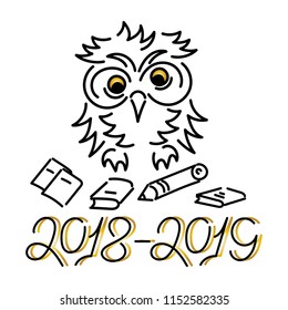 2018-2019. Cute Owl, school supplies ." Hand drawing .Vector illustration on white background.