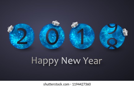 2019 and 2018  in blue Christmas balls with snowflakes pattern and silver  lettering Happy New Year. Card design for flyer, poster, design, banner, web. Vector illustration. 