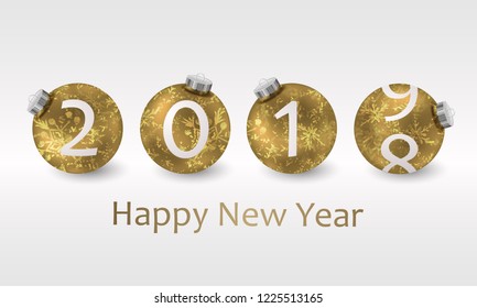 2019 and 2018  in gold Christmas balls with shadow and Abstract snowflakes pattern and lettering Happy New Year. Christmas card design for flyer, poster, design, banner, web. Vector illustration. 