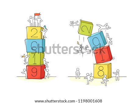 2019 2018 Happy New Year set. Cartoon doodle illustration with liitle people prepare to celebration. Hand drawn vector illustration.